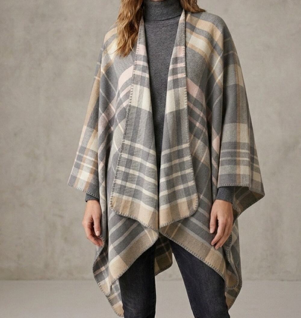 Womens Plaid Blanket Shawl Gray Cream Tan Plaid